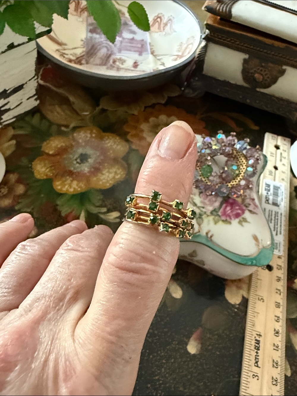 Gold Tone Stacking Rings 5Ring with Green Stones - Women's Fashion Jewelry